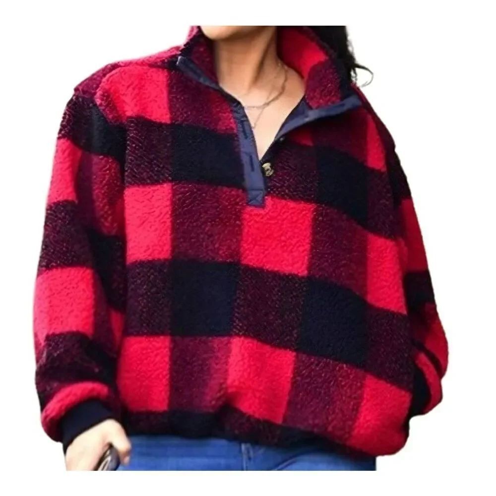 American Eagle Sherpa Women's XS Buffalo Plaid Red Black Lined Pullover